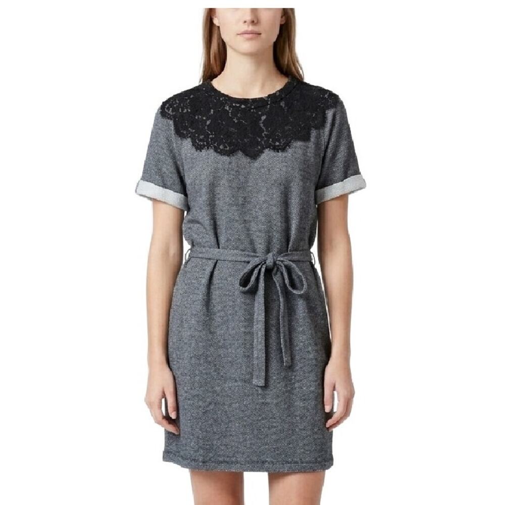 SEA New York Striped French Terry Dress Small Lace Collar Belted Black Luxe